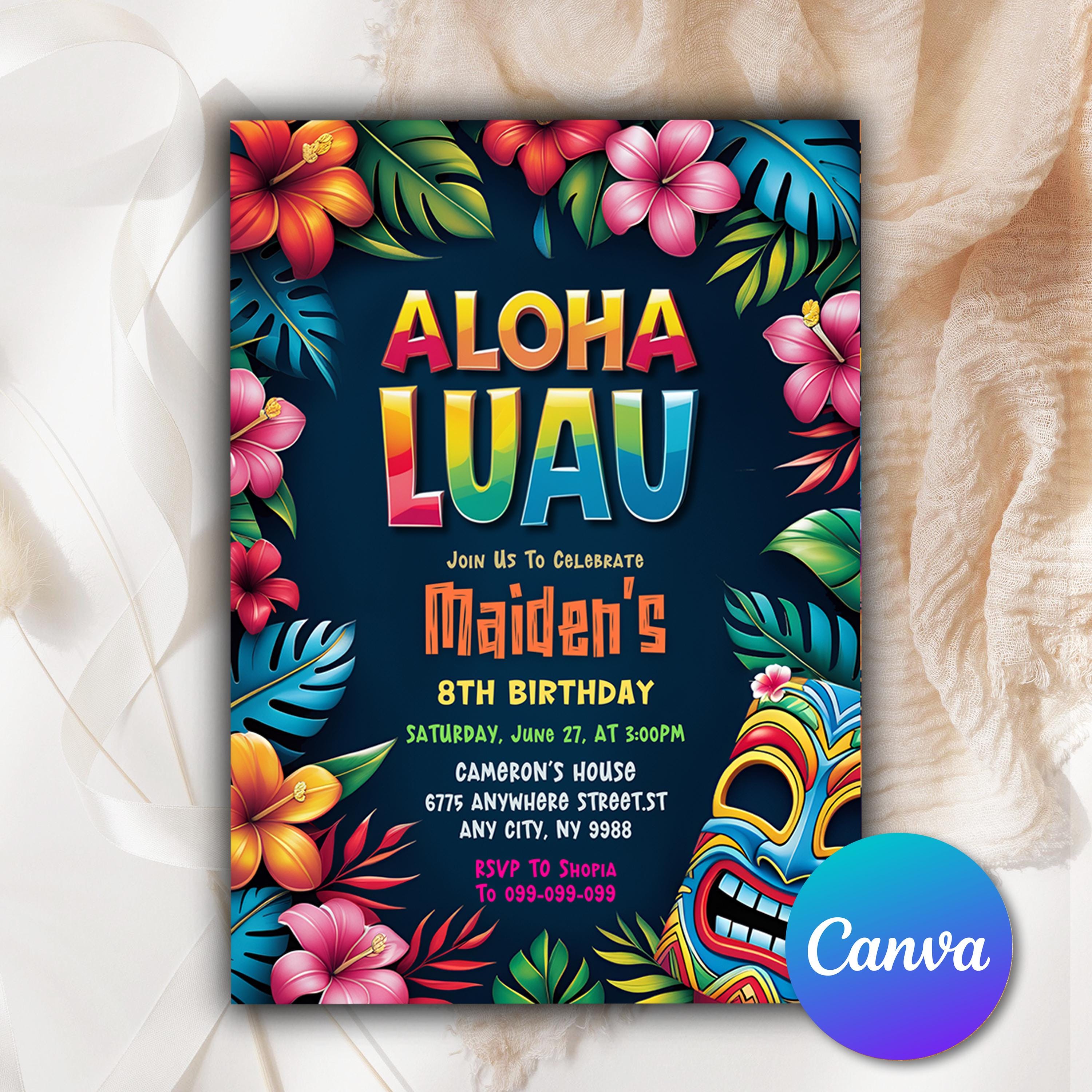 Luau Birthday Party Invitation, Aloha Luau Invitation, Luau Invitation Hawaiian Birthday Invitation, Editable Luau Hawaiian Invitation AL762
