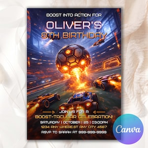Könnte beinhalten: Eine lebendige Einladung zu Olivers 8. Geburtstag mit einem futuristischen Rennsport-Thema. Das Design umfasst einen leuchtenden Fußball, Rennwagen und den Text "BOOST INTO ACTION FOR OLIVER'S 8TH BIRTHDAY". Die Einladung enthält auch Veranstaltungsdetails.