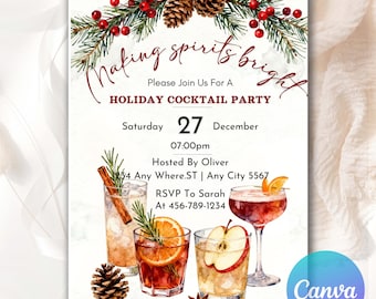 May include: Holiday cocktail party invitation with watercolor illustrations of cocktails, pine cones, and greenery. The invitation includes the text "Making spirits bright" and event details.