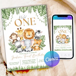 Wild One Birthday Invite, 1st Birthday Digital Invite, Safari First Birthday Evite, Jungle First Birthday Evite, Jungle Animals Party WO302