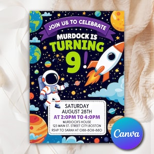 May include: A colorful invitation with a space theme, featuring an astronaut, rocket, planets, and stars against a dark blue background. The text reads "Join us to Celebrate, Murdock is Turning 9!" with event details below.
