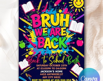 Convite para Festa de Volta às Aulas, Festa de Fim de Verão, Educação Infantil, Ensino Fundamental, Modelo de Convite Editável para Festa de Volta às Aulas BTS264