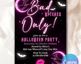 Alleen slechte heksen thema uitnodigen, uitnodiging voor het feest van Halloween Girls Out voor volwassenen, bewerkbare uitnodiging voor Halloween-feestje Canva sjabloon BW55