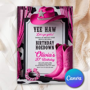 Cowgirl Hoedown Birthday Party Invitation Country Western Invite Glam Invite Editable Pink Cowgirl Birthday Invitation Canva Template PC093