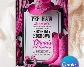 Cowgirl Hoedown Birthday Party Invitation Country Western Invite Glam Invite Editable Pink Cowgirl Birthday Invitation Canva Template PC093