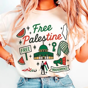 T-shirt Palestine gratuit, t-shirt graphique politique, chemise solidaire couleurs confort, art de la résistance carte keffieh pastèque, chemise problèmes sociaux