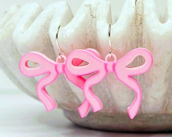 Pink Bow Earrings | 3D Printed, Sterling Silver
