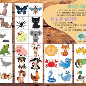 36 Animals Matching Game For Kids, Symmetry Puzzle, Match Picture Card, Farm Safari Zoo, Printable Toddler Preschool Montessori Flashcards