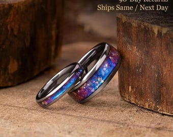 Alexandrite Crushed Inlay Tungsten Wedding Band Set: Color Changing Galaxy Rings, wedding bands for men and woman