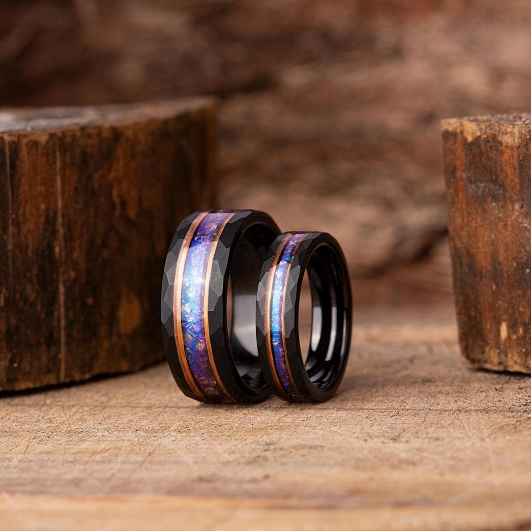 Alexandrite Couple's Wedding Band Set: Crushed Gemstone Inlay, Tungsten ...