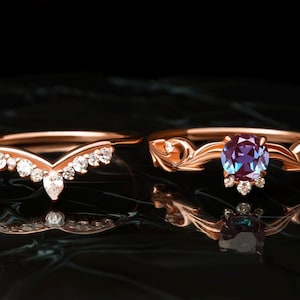 2 pieces ring set for her, Vintage Alexandrite Engagement ring set, promise ring set, couples marriage wedding ring, Unique ring fir he