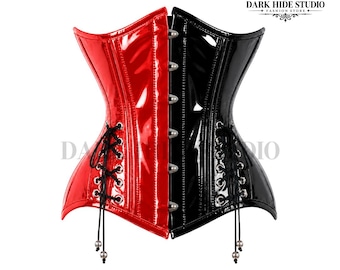 Red Black PVC Corset, Gothic Waist Cincher, Lace Up Bustier, Punk Alternative Top