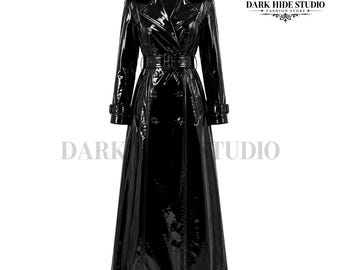 Trench coat in PVC nero lucido, stile gotico in similpelle verniciata, giacca lunga con cintura