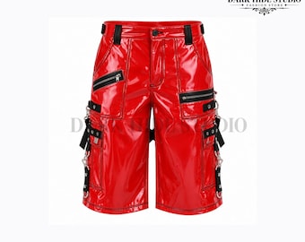 Pantalones cortos cargo de PVC rojo charol, estilo gótico punk Y2K (con detalle de correa).