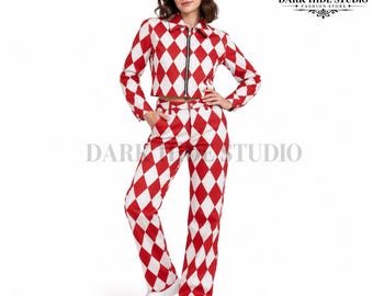 Red White Argyle Two-Piece Set, Cropped Jacket & Wide-Leg Pants, Y2K Streetwear
