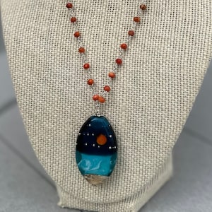 USA handmade ocean  beach sunset  pendant with red jasper sterling silver hand linked chain