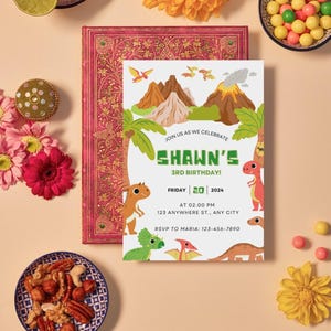 Convite de aniversário de dinossauro personalizado para meninos – Arquivo digital editável – Convite de festa personalizado