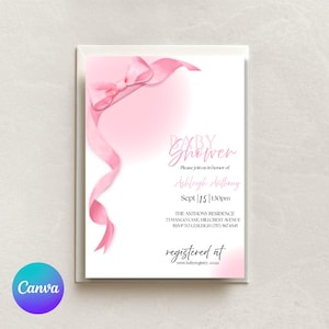Babypartyeinladung Rosa Schleife Vorlage zum Ausdrucken, Baby Mädchen, Rosa Kokette Babypartyeinladung
