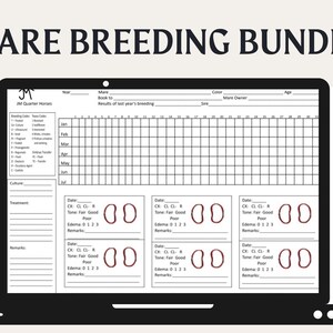 May include: A black and white printable mare breeding bundle tracker. The tracker includes a calendar, breeding codes, and a section for recording mare information, such as color, age, and owner. The tracker also includes a section for recording the results of the mare's breeding, including the date, tone, edema, and remarks.