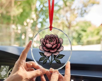 Roze pioen autoglas ornament, bloemen glazen ornament, vintage botanisch decor, pioen bloem cadeau, cottagecore decor, shabby chique stijl