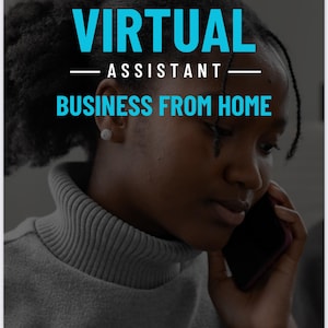 Op de afbeelding: Afbeelding die het concept promoot van het starten van een virtueel assistent-bedrijf vanuit huis. De tekst is in wit en teal, tegen een vage achtergrond. Een persoon houdt een smartphone aan zijn oor, wat duidt op communicatie en werken op afstand.
