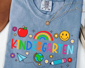 Comfort Colors Kindergarten Teacher Shirt, Rainbow Apple Graphic Tee, Back to School T-Shirt