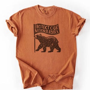 May include: A brown t-shirt with a black bear graphic and the text 'Protect Our National Parks' on a flag held by the bear.