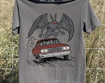 Mothman Shirt, Retro Car Chase Graphic Tee, For Cryptid Fans