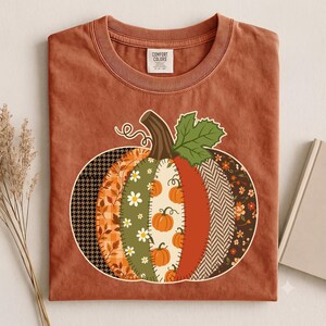 Faux Patchwork Pumpkin Shirt, Floral Quilt Style Design, Comfort Colors Fall Tee