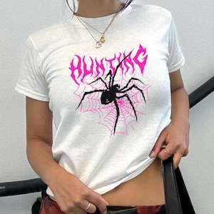 Y2K Hunting Spider Baby Tee | Halloween Graphic Tee  | Trendy 90s Baby Tee | Gothic Baby Tee | Dark Creepy Baby Tee | Halloween Tee