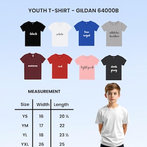 May include: A display of youth t-shirts in various colors, including black, white, and red. The shirts have the text "black", "white", "red", and other colors printed on them. Measurement details are provided, with widths ranging from 16 to 26 inches and lengths from 20.5 to 25 inches.