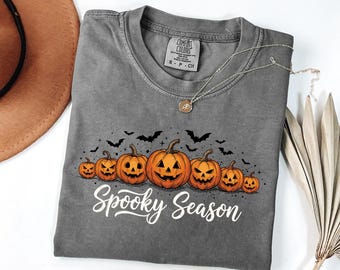Spooky Season Pumpkin Shirt, Jack O Lantern Bat Graphic, Comfort Colors Halloween Tee