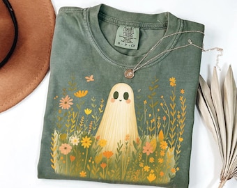 Floral Ghost Shirt, Wildflower Garden Graphic Tee, Spooky Season Halloween T-Shirt