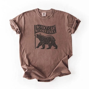 May include: Brown t-shirt featuring a bear graphic holding a flag with the text "PROTECT OUR NATIONAL PARKS." The shirt has a crew neck and short sleeves. The fabric has a slightly faded appearance.