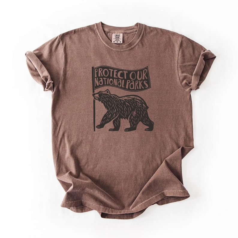 May include: Brown t-shirt featuring a bear graphic holding a flag with the text "PROTECT OUR NATIONAL PARKS." The shirt has a crew neck and short sleeves. The fabric has a slightly faded appearance.