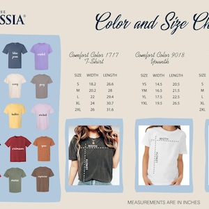 Puede incluir: Una tabla de colores y tallas para camisetas y mangas largas. La tabla incluye una variedad de colores y medidas en pulgadas para diferentes tallas de camisetas Comfort Color. El texto "The Classia" est&aacute; en la parte superior.