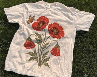 Red Poppy Flower Shirt, Butterfly Botanical Graphic Tee, Garden Lover T-Shirt
