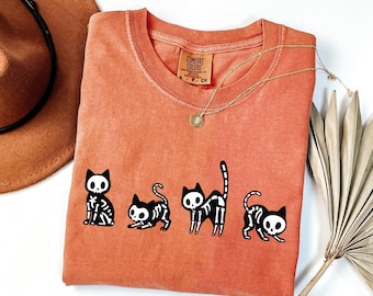 Comfort Colors Skeleton Cat Shirt, Spooky Feline Pose Graphic Tee, Halloween Pet Lover T-Shirt