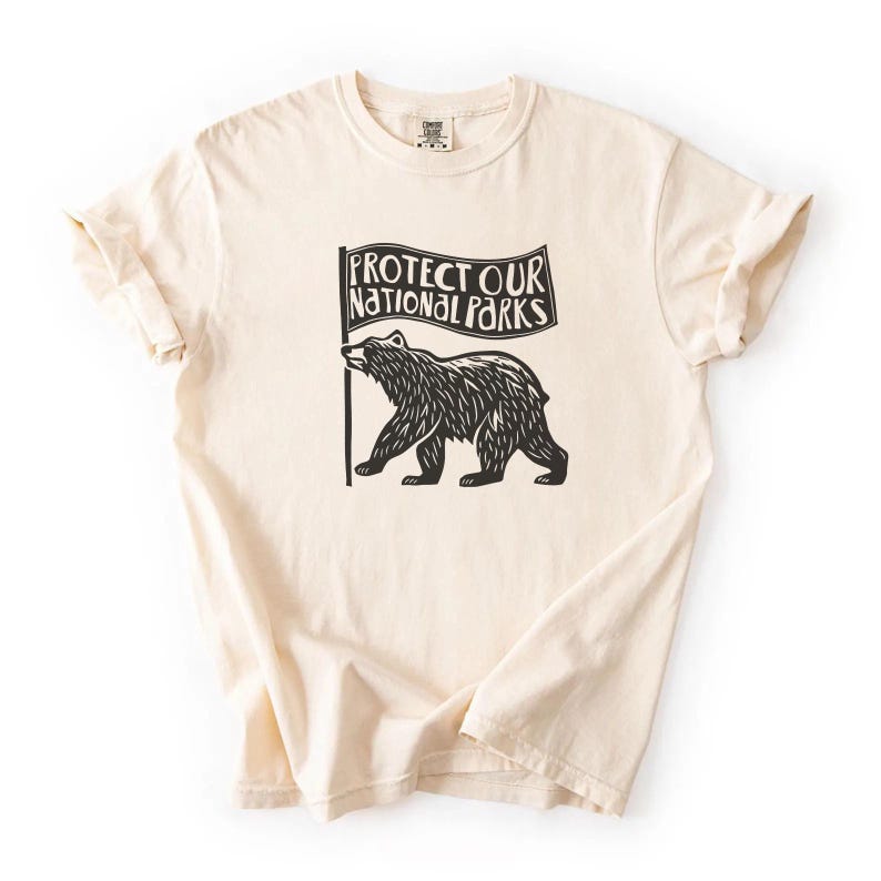 May include: Cream-coloured t-shirt with a black graphic of a bear holding a flag that reads "PROTECT OUR NATIONAL PARKS." The shirt has rolled-up sleeves and a crew neck. The fabric appears soft and comfortable.