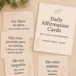 Tarjetas de Afirmaciones Bilingües / Inglés + Español / Frases de Amor Propio Imprimibles / Diseño Minimalista Pastel / Tarjetas de Empoderamiento para Mujeres