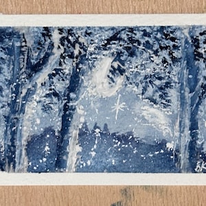 May include: Watercolor painting of a snowy forest scene in shades of blue and white. The artwork depicts tall trees, a starry sky, and falling snow. The artist's initials are in the lower right corner.
