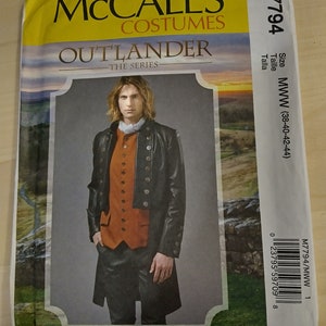 May include: A sewing pattern for a men's costume from the TV show "Outlander." The pattern is for sizes 38-40-42-44. The pattern features a black jacket with a brown waistcoat and black trousers. The pattern is from McCall's Costumes.