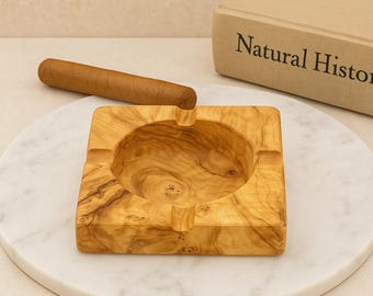 Handmade Olive Wood Ashtray – Square Wooden Ashtray for Cigars or Cigarettes – Rustic Decor Gift for Him – Natural Carved Wood Tray