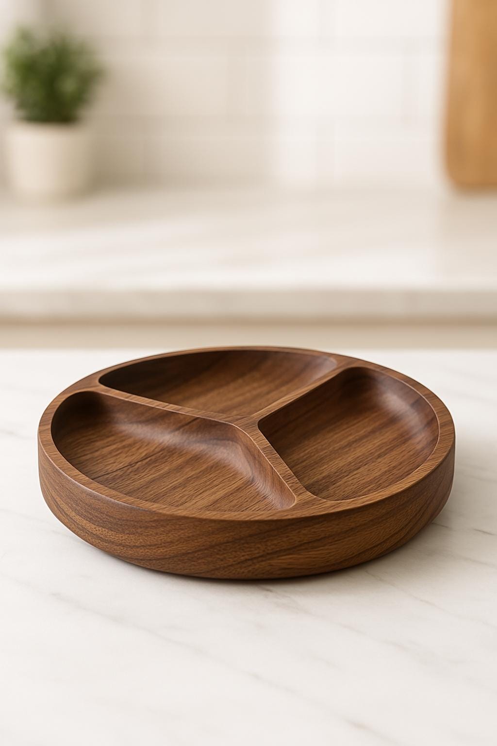 Handcrafted Solid Wood Snack Bowl – 3 Compartment Oval Serving Dish | Walnut or Olive Wood | Onwood Design
