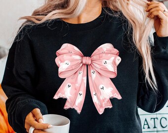 Pink Ghost Bow Coquette Sweatshirt, Halloween Coquette Bow Shirt, Ghost Halloween, Halloween Shirt, Spooky Season Tee, Girly Halloween Shirt