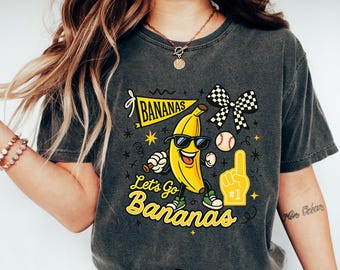 Camiseta de béisbol "Let's Go Bananas", divertida camiseta de fanático del béisbol, camiseta de plátano jugando al béisbol, divertido regalo de béisbol, camiseta de mascota de equipo deportivo