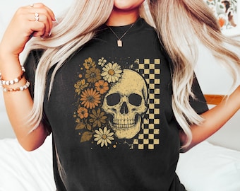 Checkered Skeleton Floral Woman Halloween Shirt, Skull Halloween Tee, Spooky Skeleton Sweatshirt, Fall Flowers Skeleton Tee