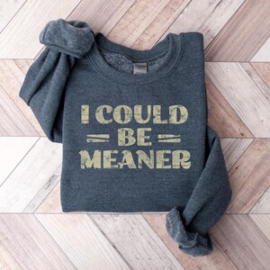 May include: A dark grey sweatshirt with the text "I could be meaner" printed in a distressed, light yellow font.