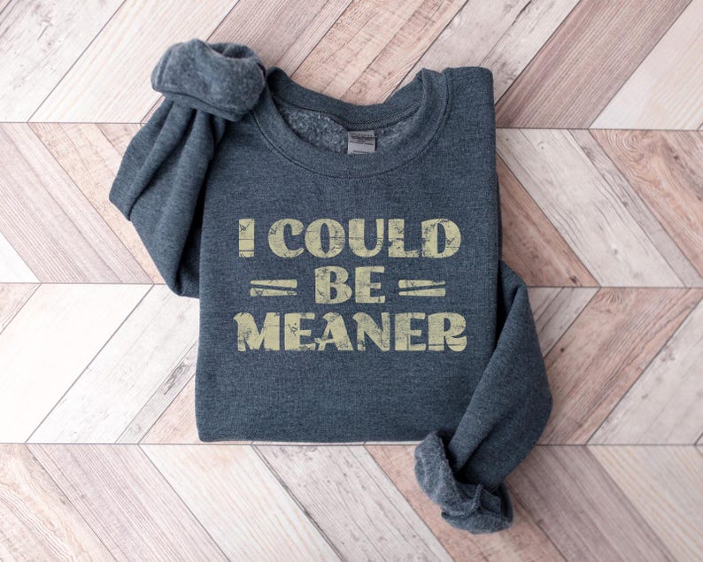 May include: A dark grey sweatshirt with the text "I could be meaner" printed in a distressed, light yellow font.