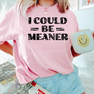 May include: A pink t-shirt with the text "I could = be = meaner" in black distressed lettering.
